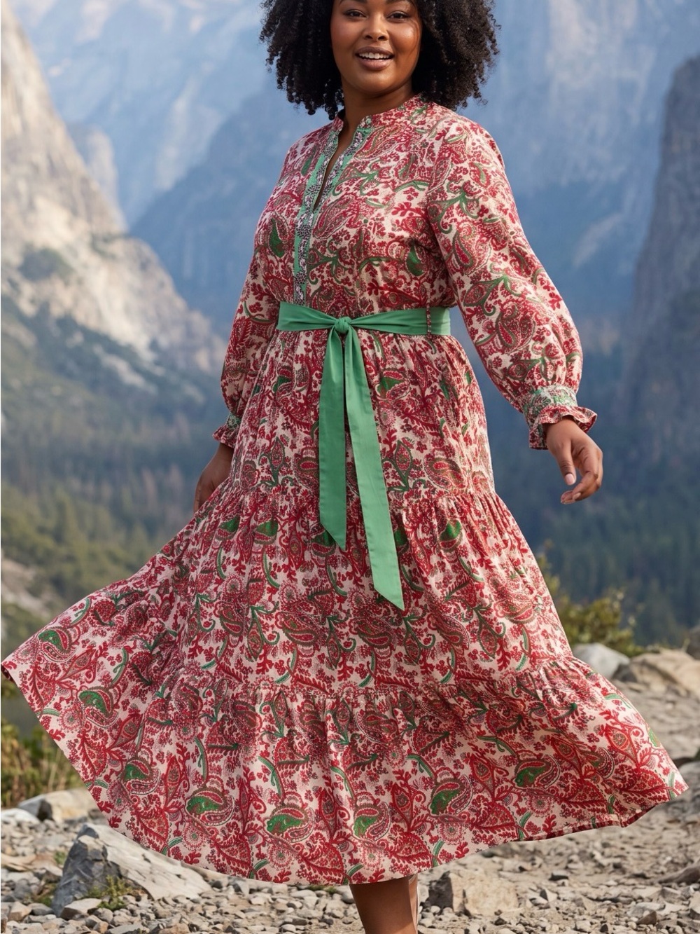 Boden Alba Paisley print Maxi Dress with Green Sash 14R